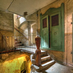 Verlassenes, schmutziges Treppenhaus mit Grün.